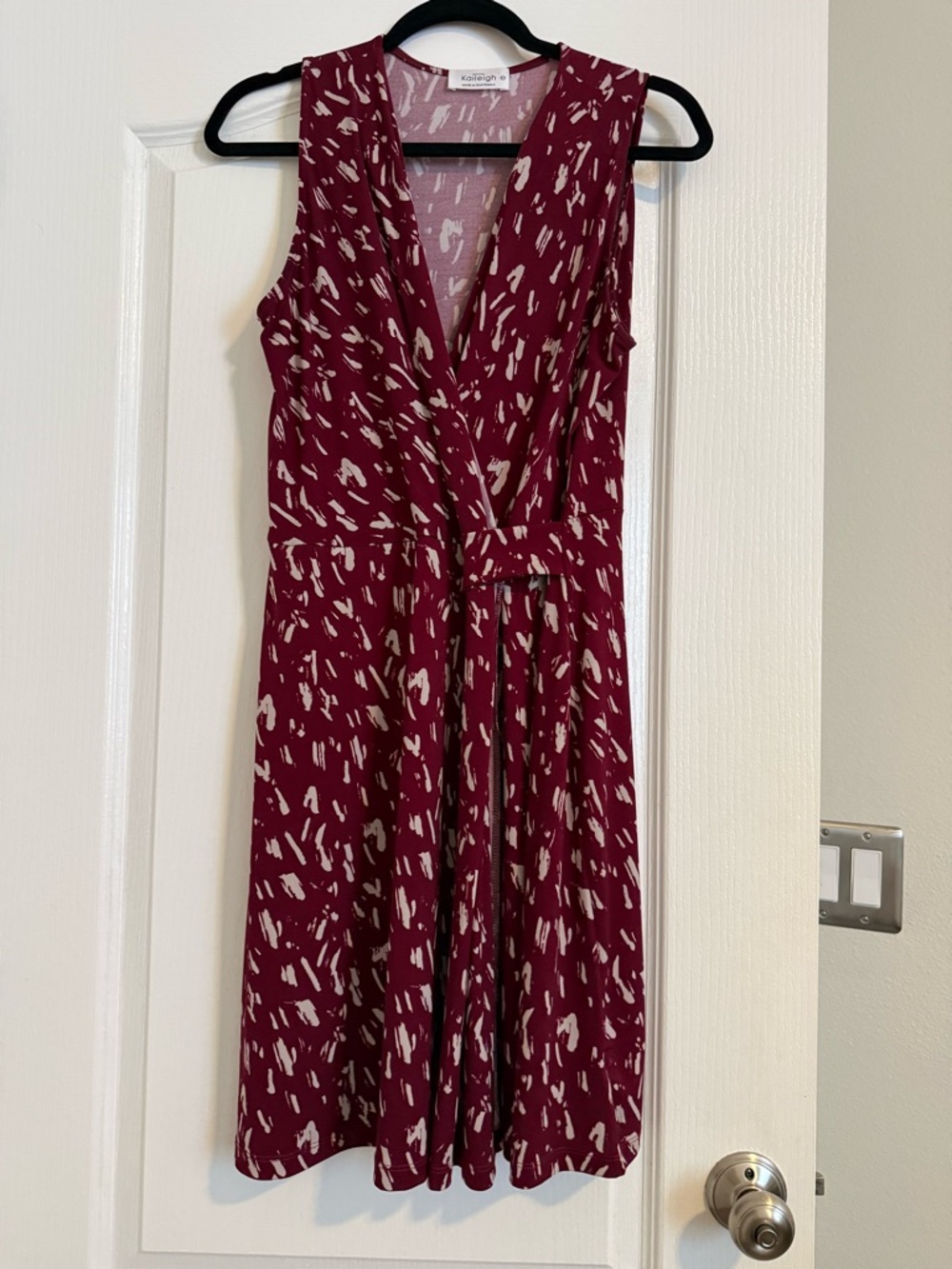 Kaileigh Burgundy and Cream Sleeveless Faux-Wrap Midi Dress